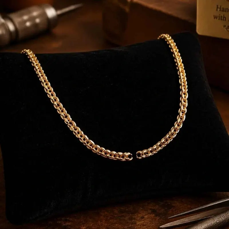 Gold chain necklace on a black cushion with tools in the background