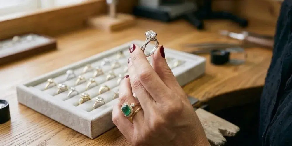 Person holding a diamond ring with jewelry displays behind