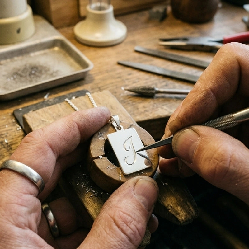 Person engraving a pendant on a wooden workbench.